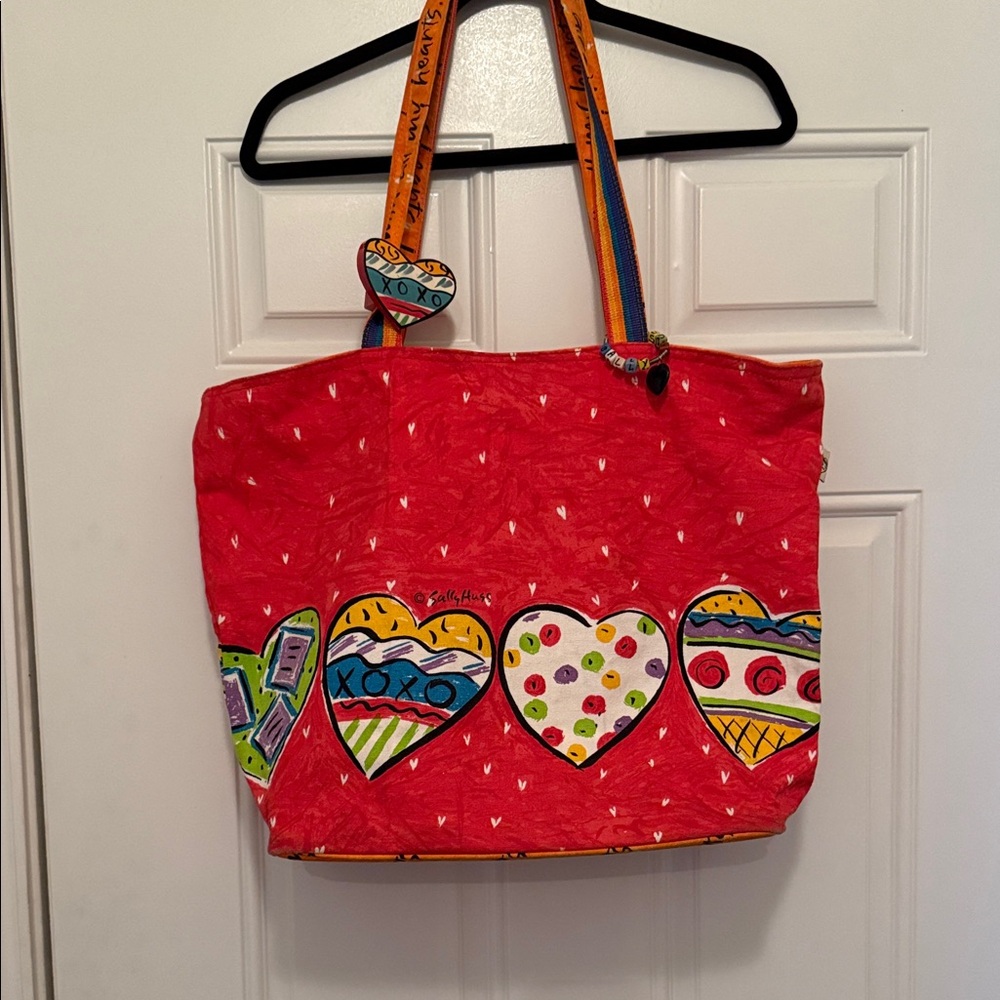 Sally Huss Colorful Heart Patterned Tote Bag with bag charm